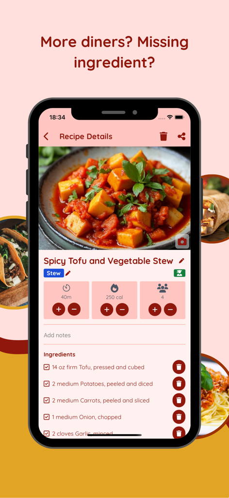 CookAI: AI Recipe Generator - Mobile app interface of CookAI showing a recipe for Spicy Tofu and Vegetable Stew with ingredients and cooking settings
