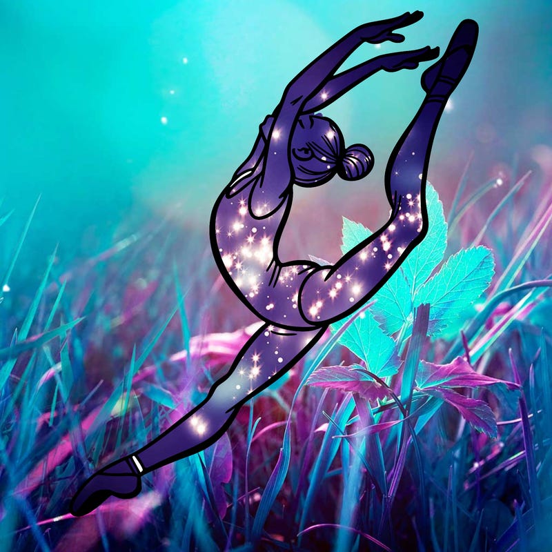 gymnast doing a leap in a leotard with a bent back leg