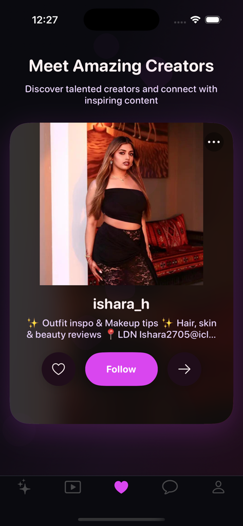 Zynel app screen showcasing a creator profile with options to follow and view content