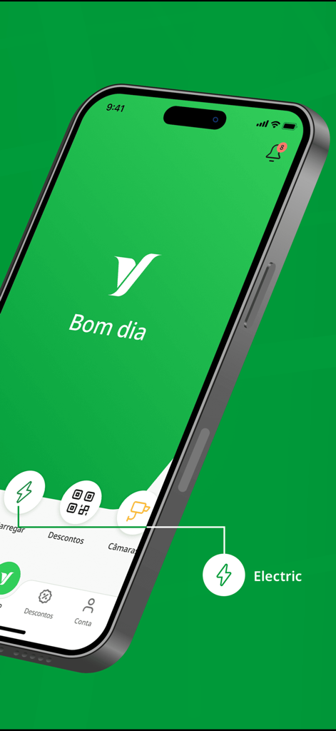 Interfaz de la app móvil Via Verde en un iPhone mostrando carga de vehículo eléctrico y servicios de movilidad