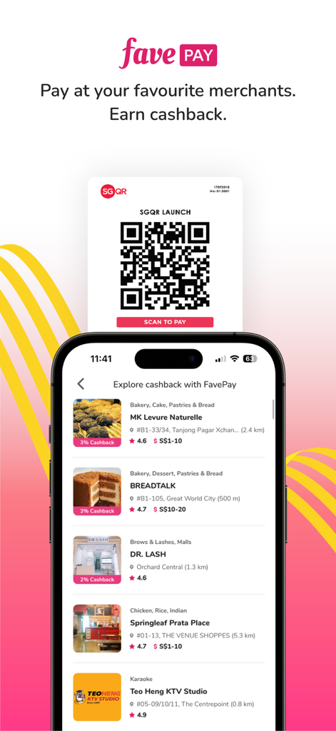 FavePay app screen displaying a list of merchants and a QR code for contactless payments and cashback rewards.
