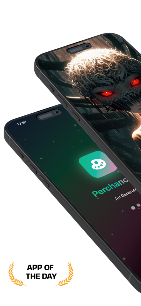 Dos iPhones mostrando la interfaz de la aplicación Generador de Arte IA Perchance y arte creativo generado por IA con una insignia de Aplicación del Día.