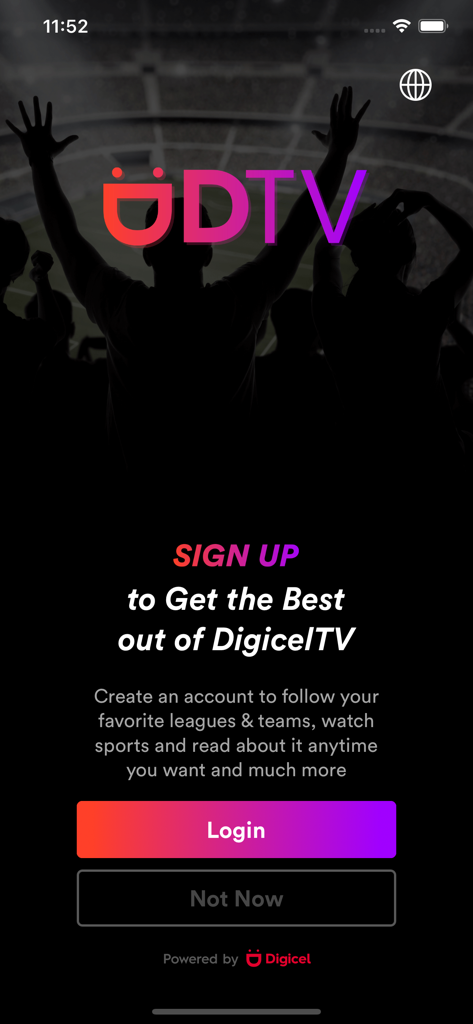 DigicelTV - Pantalla de registro e inicio de sesión de la aplicación móvil DigicelTV con un fondo de multitud deportiva