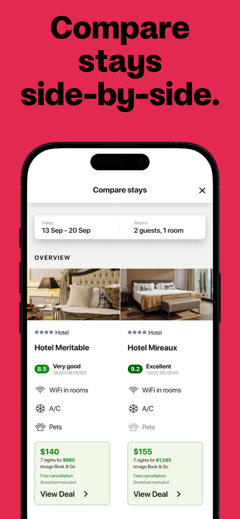 Side-by-side comparison of hotel prices and amenities on the trivago mobile app