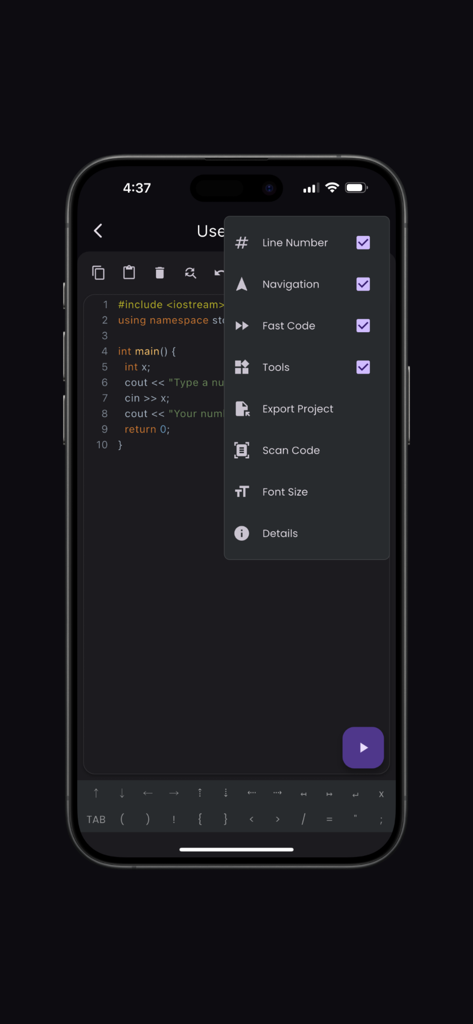 C++ Compiler - Pantalla de smartphone mostrando un editor de código C++ con un menú de configuración abierto que incluye opciones Escanear Código y Código Rápido