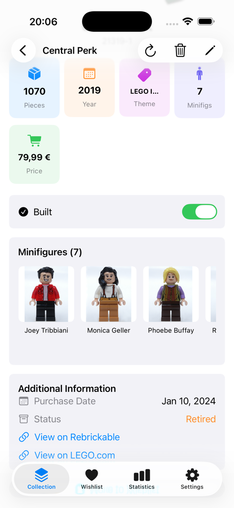 BrickLog - Pantalla de la aplicación BrickLog que muestra información detallada y minifiguras para un set de LEGO®.