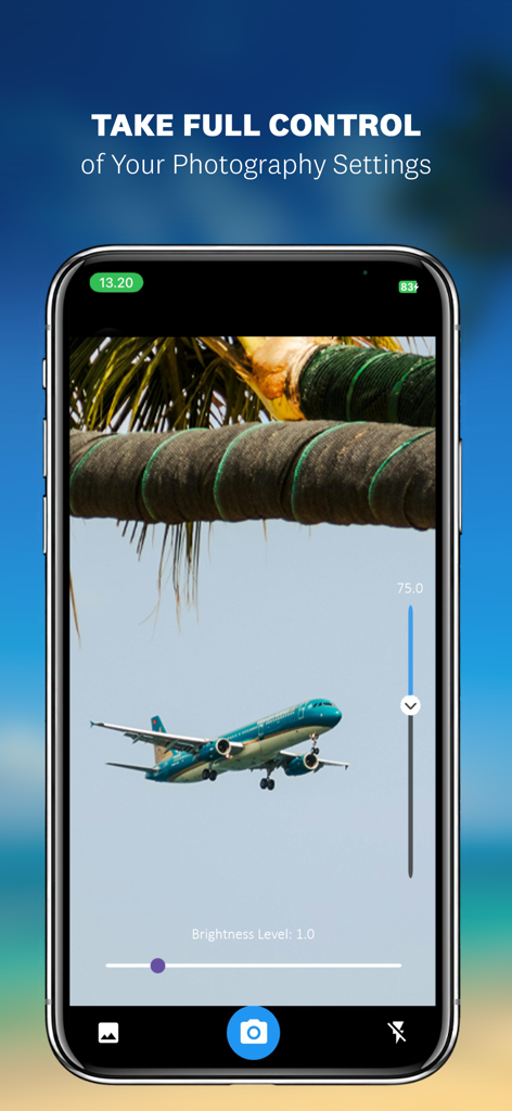 Ultra Camera Zoom HD 100x - Ultra Camera Zoom app interface displaying manual control settings and a high zoom capture of an airplane