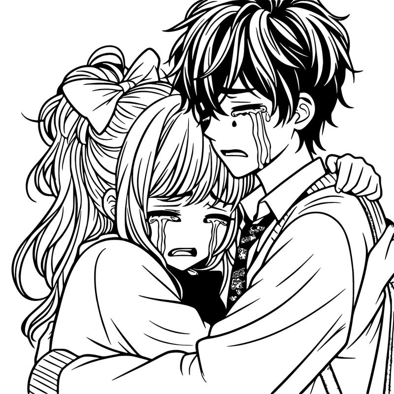 teenage manga girl hugging boy crying