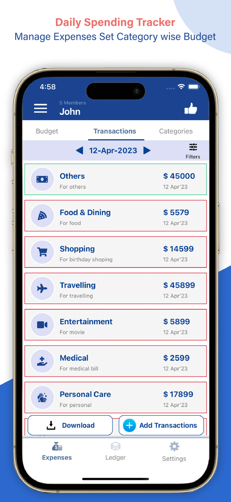 Ledger Book Expense Manager - Interface do rastreador de gastos diários mostrando despesas categorizadas para alimentação, viagens e compras