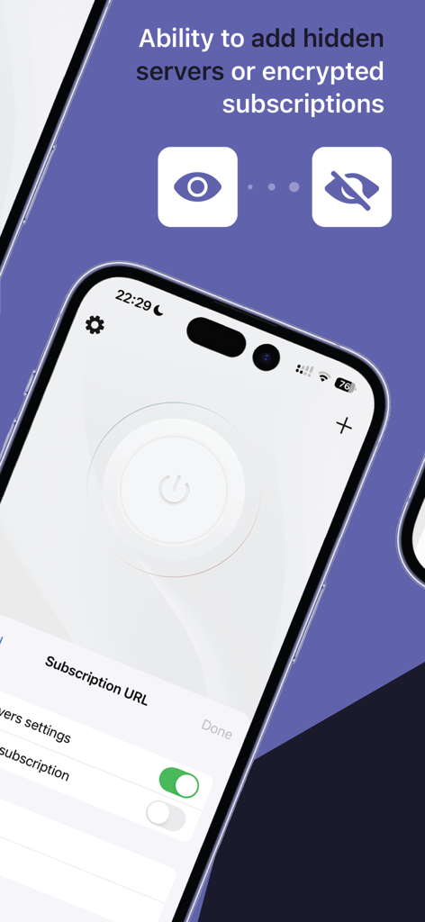 Écran de l'application Happ Proxy Utility montrant la possibilité d'ajouter des serveurs cachés et des abonnements cryptés sur un iPhone.