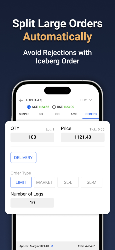 TradeSmart mobile app interface showing the Iceberg Order feature to split large orders automatically