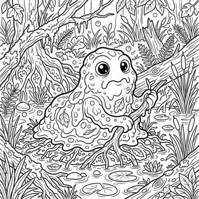 Discover a whimsical mire slime nestled in a detailed swamp, perfect for a calming coloring session. This engaging design features clear lines and ample space, making it ideal for seniors seeking comfort and creative expression.