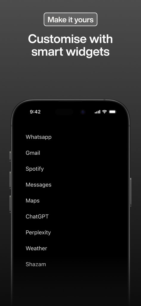Minimalist phone app interface showing a text-based list of apps and smart widget customization on a dark background.