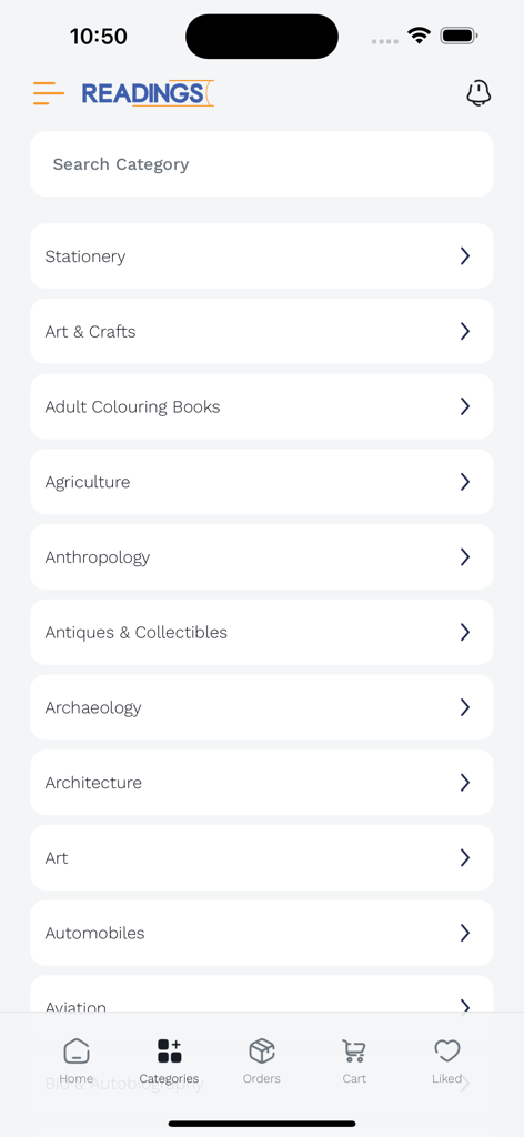 Readings App - Captura de pantalla de la aplicación Readings que muestra una lista de categorías de libros como papelería, arte y manualidades