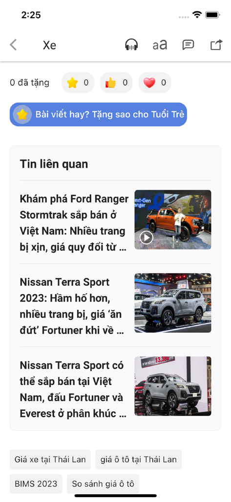 Mobile interface of the Tuoi Tre Online news app showing a list of related articles in the automotive category