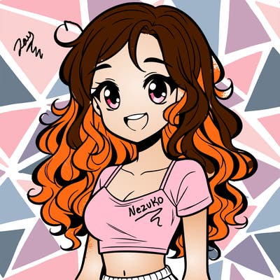 manga girl with crop top and long curly hair with smile