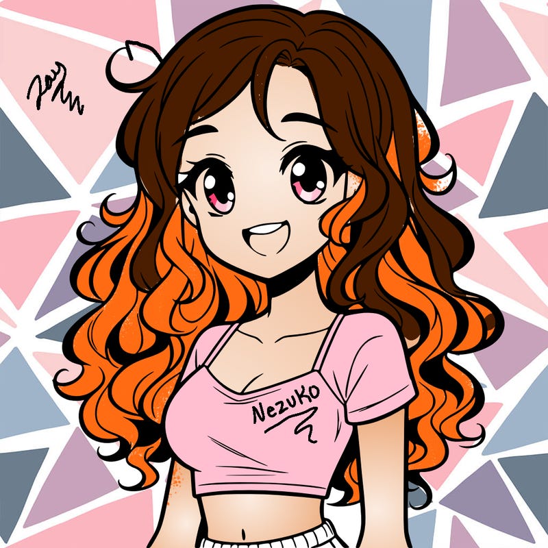 manga girl with crop top and long curly hair with smile