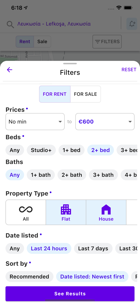 Homy - Pantalla de filtros de búsqueda en la aplicación Homy que muestra opciones de precio, dormitorios, baños y tipo de propiedad para bienes raíces en Chipre