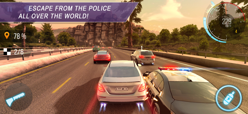 A white sports car escaping from a police vehicle on a scenic highway in CarX Highway Racing.