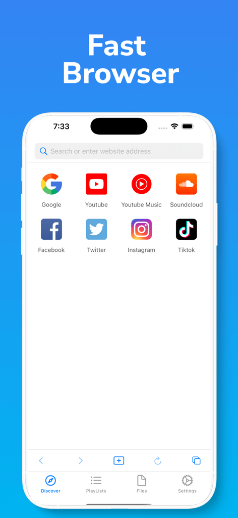 The fast browser screen of the Offline Player app showing quick access icons for YouTube SoundCloud and social media