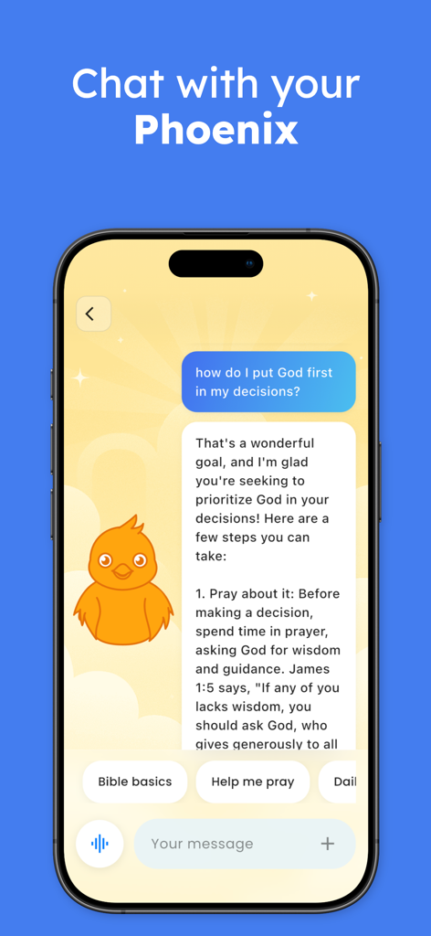A chat interface in the Ascend Bible app showing a spiritual conversation with an orange phoenix pet companion.