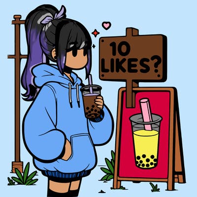 girl with oversized hoodie drinking boba and she has a high ponytail with a sign that says 10likes?