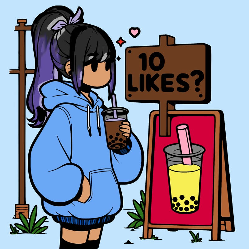 girl with oversized hoodie drinking boba and she has a high ponytail with a sign that says 10likes?