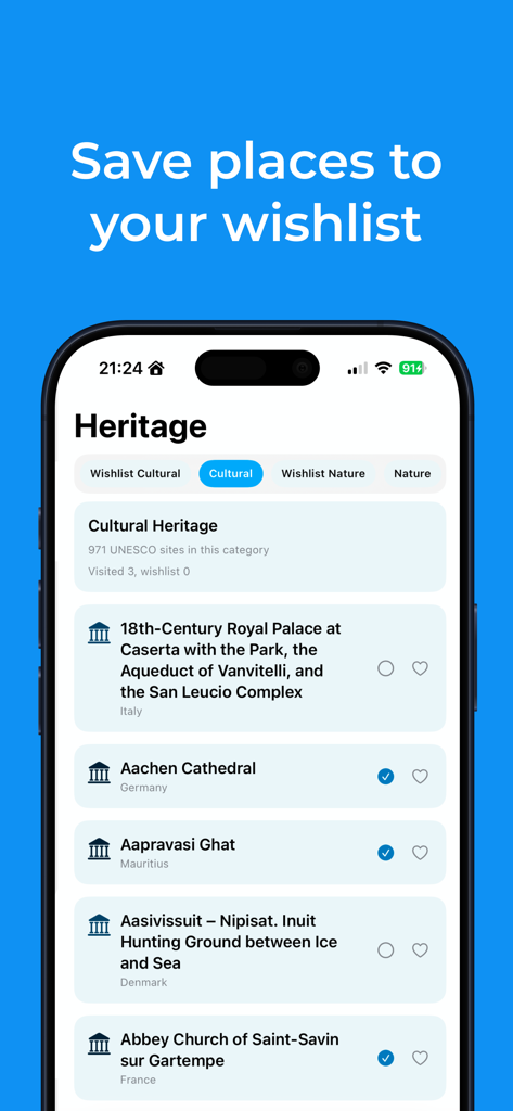 Been Atlas - Travel Map - Been Atlas App-Oberfläche, die eine Liste von UNESCO-Welterbestätten mit Wunschliste und besuchten Statusanzeigen zeigt
