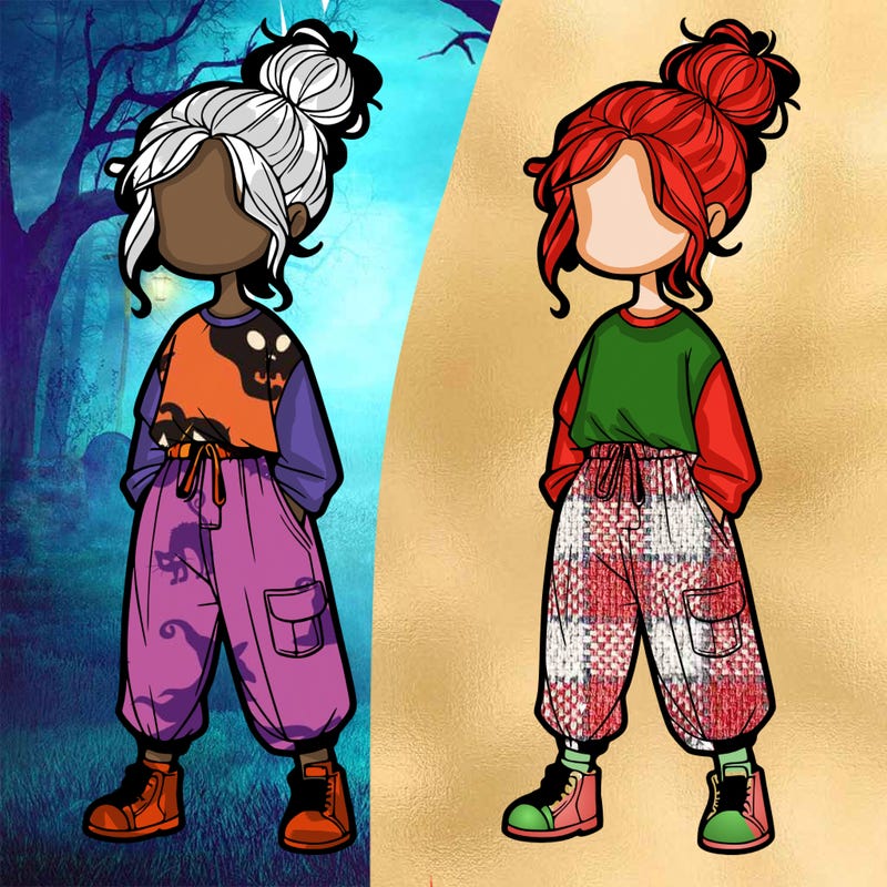 realistic girl with messy bun and baggy pants