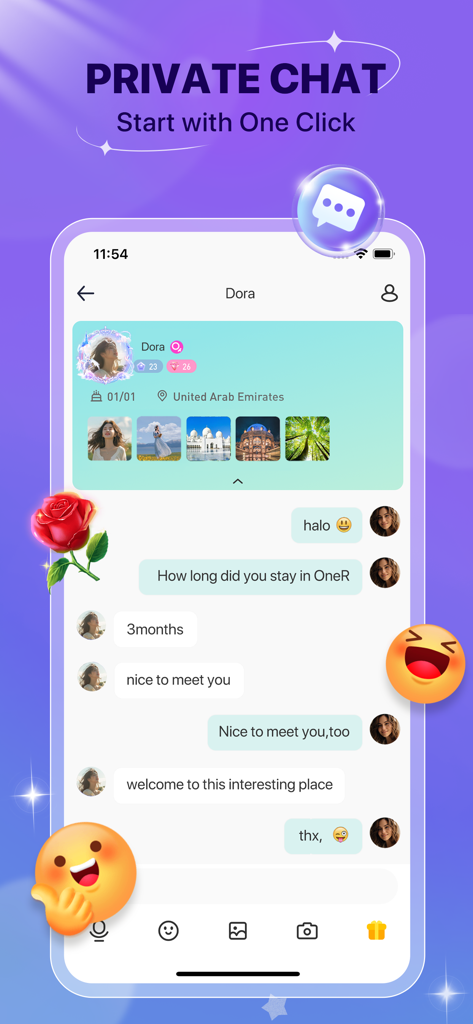 OneR: Live Voice Chat - Una captura de pantalla móvil de la aplicación OneR mostrando una interfaz de chat privado con mensajes de texto y detalles del perfil de usuario