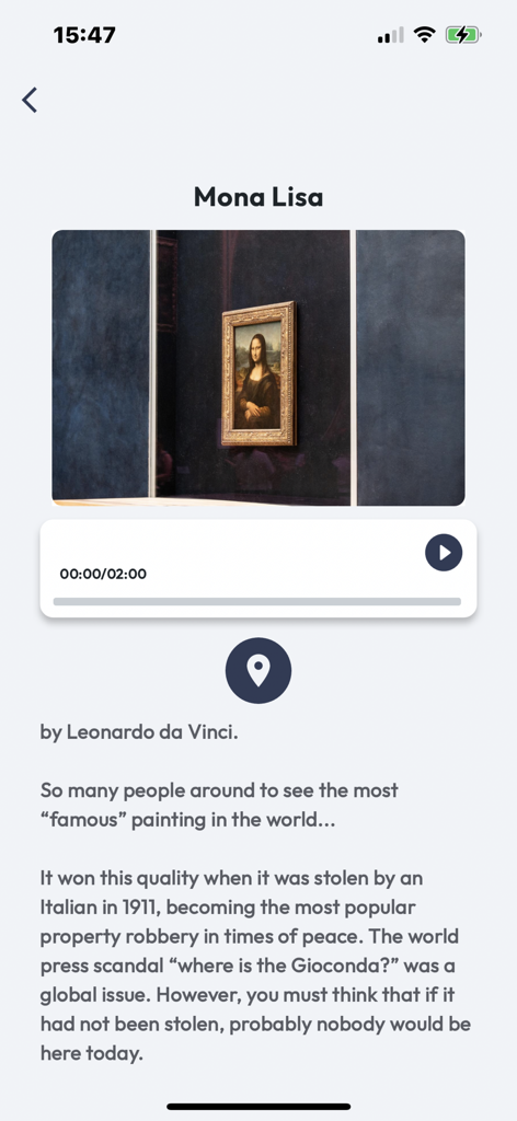 Louvre Visit & Guide - Page d'information sur la Joconde dans l'application Louvre Visit and Guide avec un lecteur audio et des faits historiques.