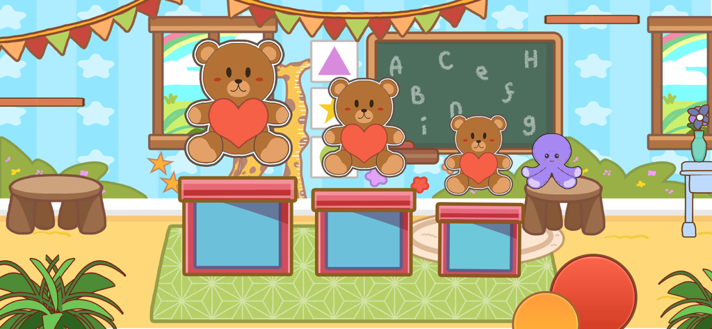 ABC Tracing Game - A size sorting mini game for kids featuring teddy bears and matching boxes in a colorful classroom setting