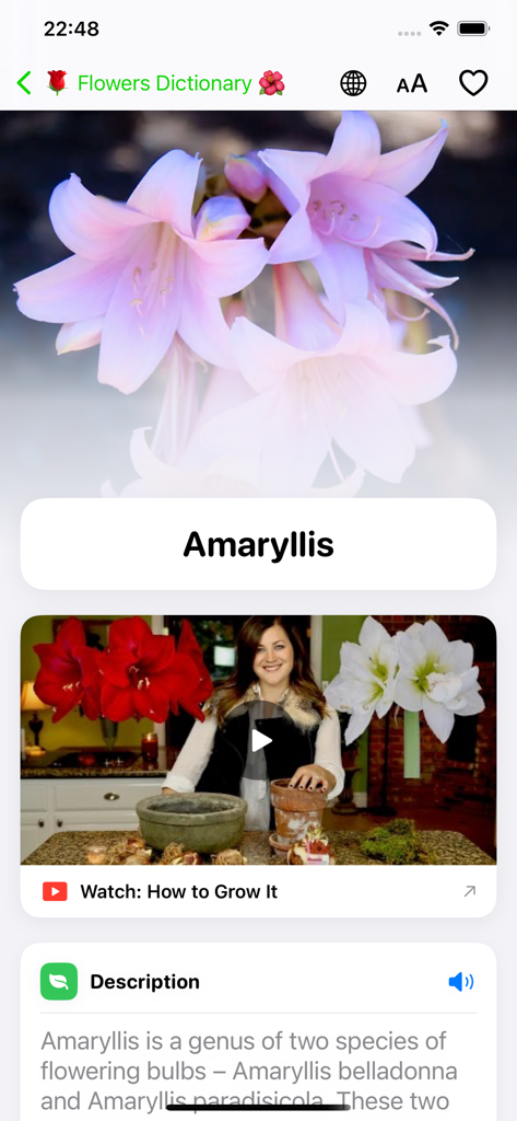 Flowers Dictionary with Images - Flowers Dictionary app interface showing detailed information and a video guide for Amaryllis