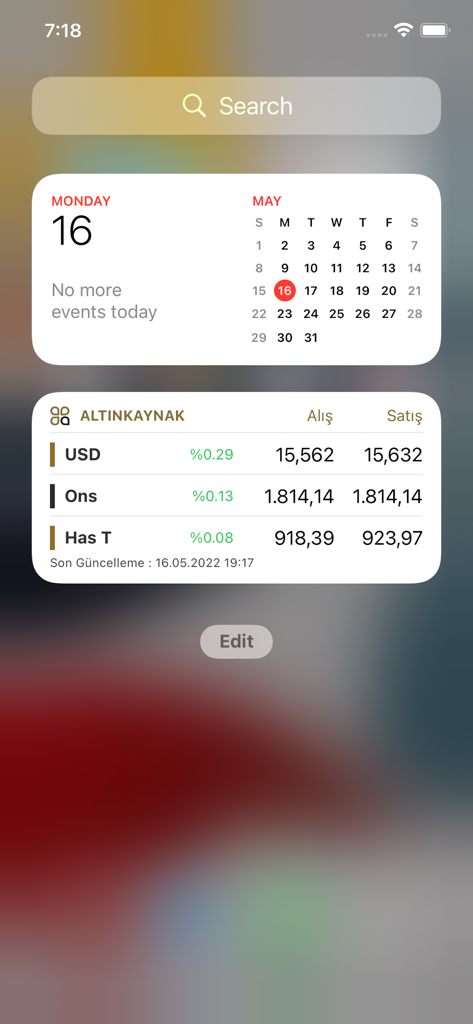 Altınkaynak Döviz & Altın - Altinkaynak app widget on iPhone home screen showing live currency and gold exchange rates