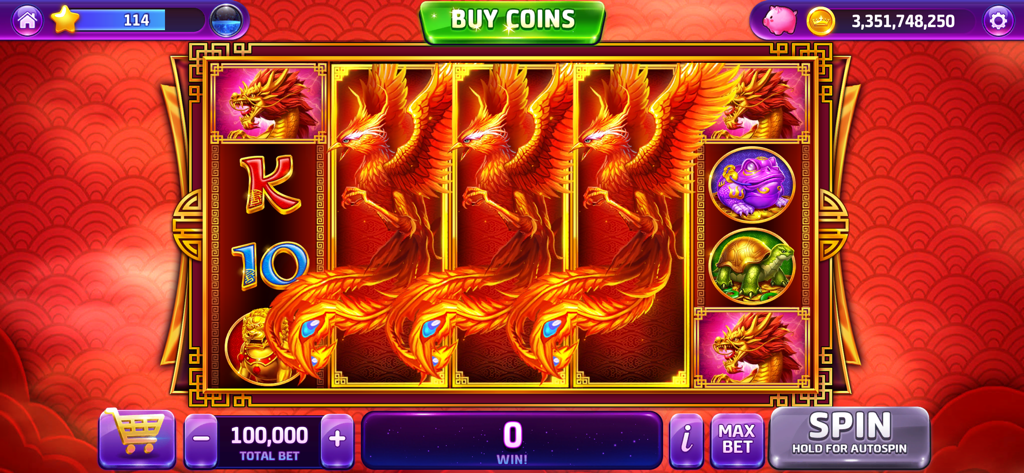 Cash Royal Casino - La interfaz de la máquina tragamonedas Fire Phoenix de Cash Royal Casino con vibrantes gráficos rojos y dorados y tres símbolos de fénix en los rodillos.