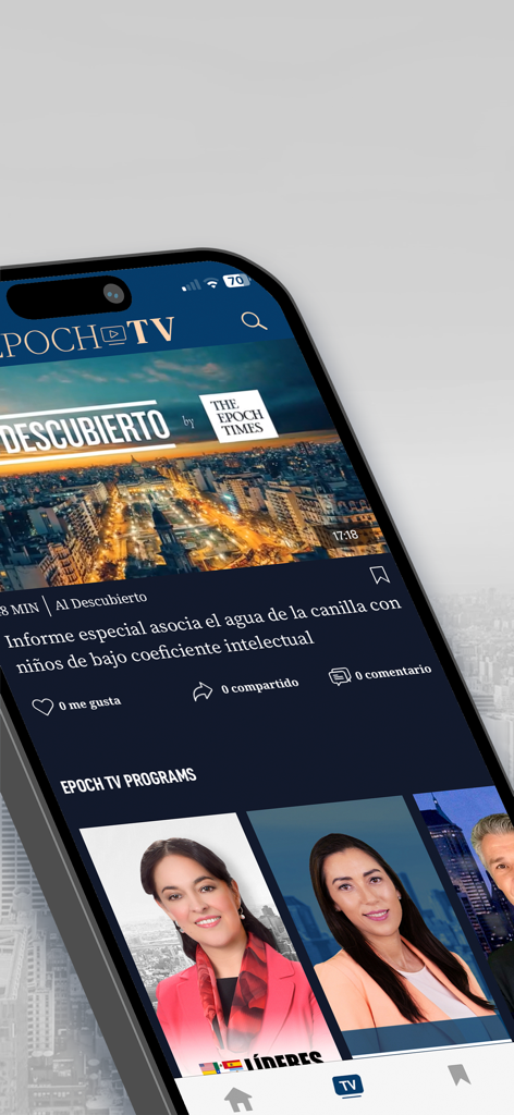 El Epoch: Últimas Noticias - Interface of the El Epoch app showing the Epoch TV section with Spanish language news programs.