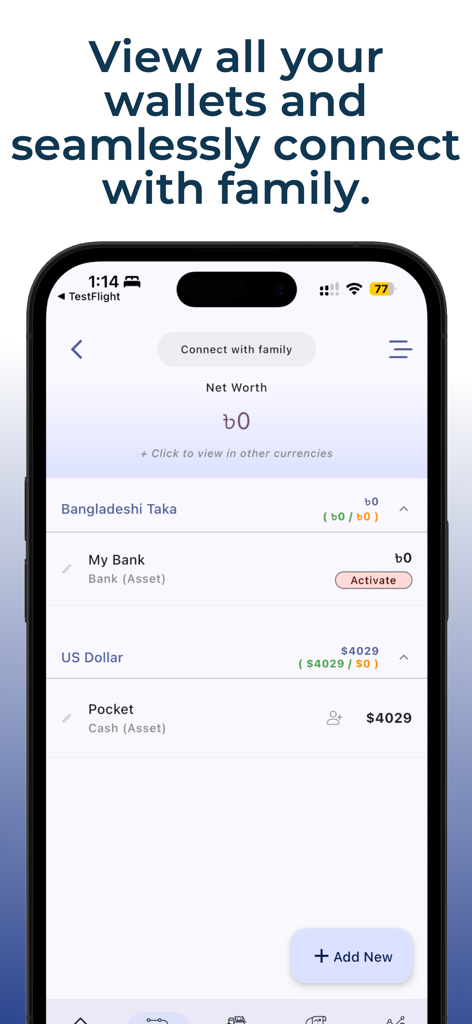 Interface do aplicativo Expense Track mostrando painel de patrimônio líquido com carteiras multimoeda e recurso de compartilhamento familiar