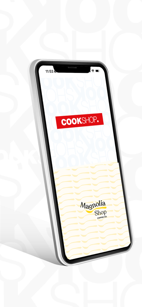 CookShoppers - A smartphone displaying the CookShoppers app splash screen featuring the Cookshop and Magnolia Shop logos.