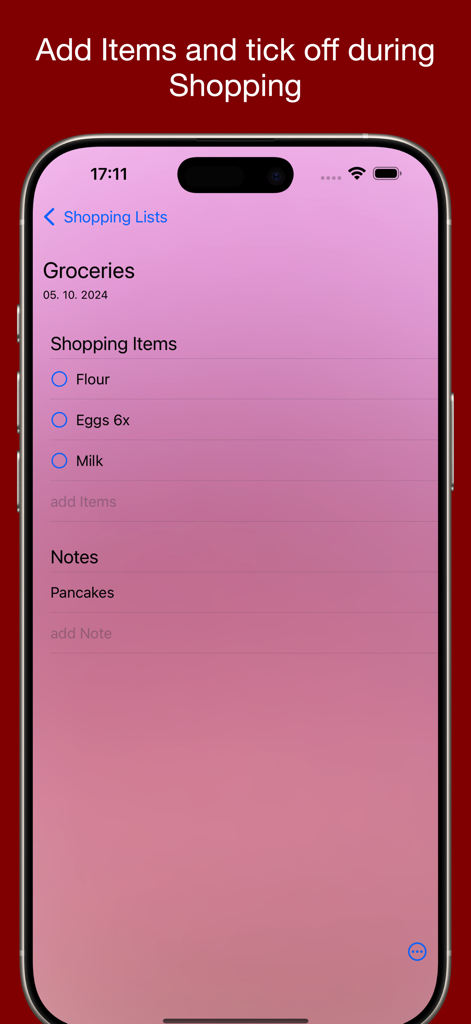 Shopping List For Me - Pantalla del iPhone mostrando una lista de compras con artículos como harina, huevos y leche en la aplicación Lista de Compras Para Mí