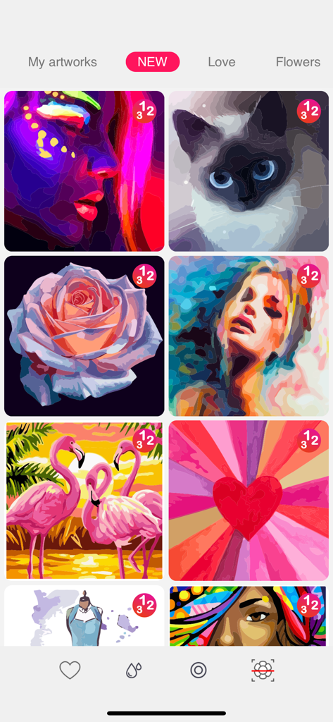Une galerie de nouveaux designs d'art numérique à colorier dans l'application Creatify