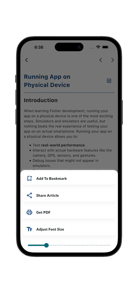 Una pantalla de tutorial en la app Learn Dart y Flutter sobre cómo ejecutar aplicaciones en un dispositivo físico con un menú para marcadores y compartir.