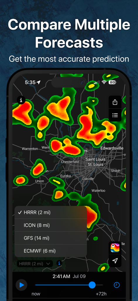 RainViewer app interface showing comparison of multiple weather forecast models on a live radar map.