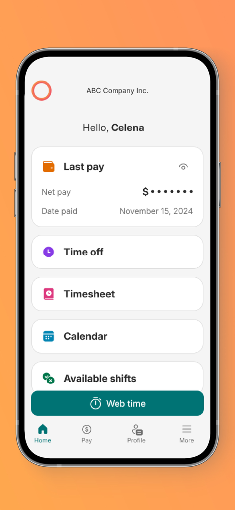 Payworks Self Service - Tela inicial do aplicativo Payworks Self Service mostrando recursos de gerenciamento de folha de pagamento e tempo do funcionário