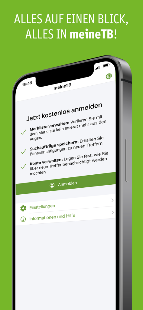 Tela de registro e login do usuário para o aplicativo technikboerse, destacando benefícios da conta, como pesquisas salvas e listas de observação.
