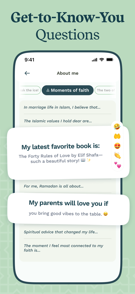 Mashallah: Halal Muslim dating - Mashallahムスリム出会い系アプリのプロフィールに、お互いを知るための質問や信仰に基づいたプロンプトが表示されている