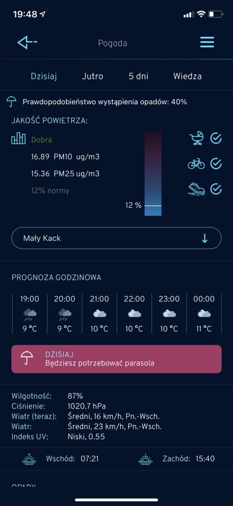 Gdynia.pl - Gdynia.pl mobile app weather screen showing air quality, hourly forecast, and rain alerts for the Gdynia area.