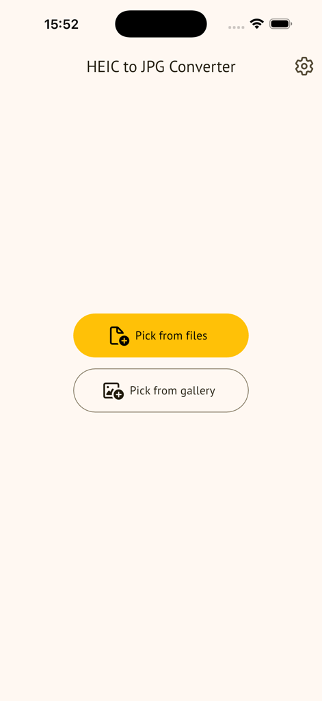 HEIC to JPG Converterアプリのホーム画面。ファイルまたはギャラリーから写真を選択するボタンが表示されています。