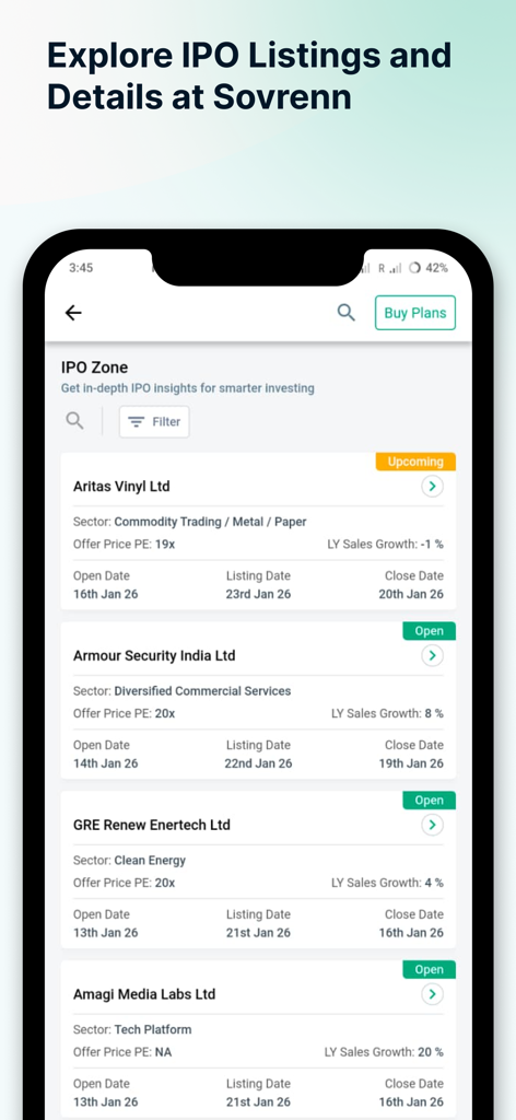 Sovrenn - Interfaz móvil de la aplicación Sovrenn que muestra una lista de Próximas y Abiertas OPV con detalles financieros y fechas de inversión.