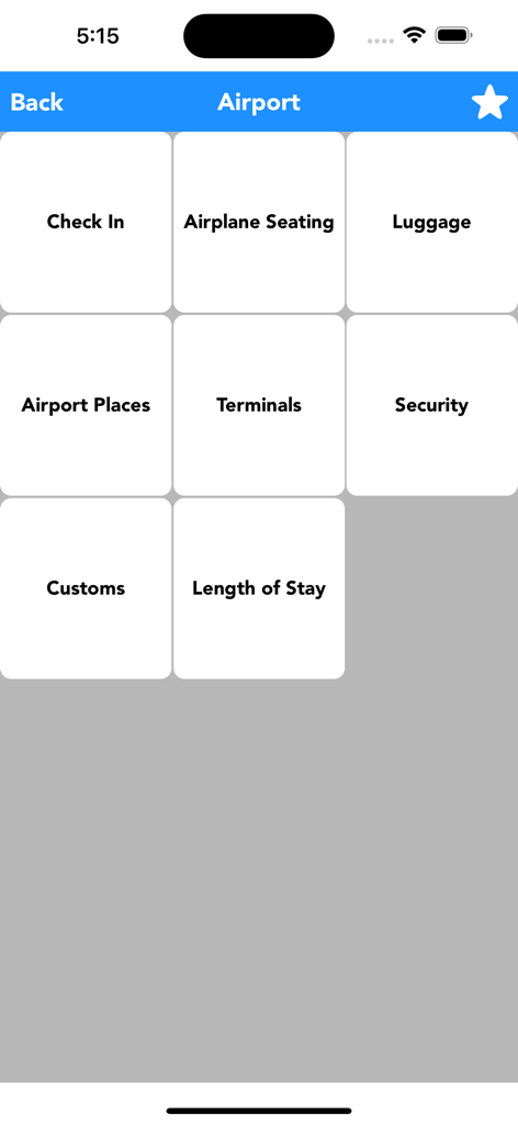 영어-아이슬란드어 번역 앱의 공항 카테고리 화면으로 수하물 및 체크인 옵션이 있습니다.