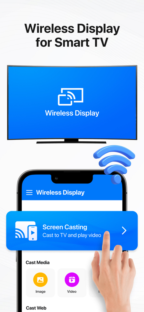 Wireless Display - TV+ - Un écran d'iPhone affichant l'interface de l'application Affichage sans fil pour la diffusion de médias et de contenu Web vers un téléviseur intelligent.